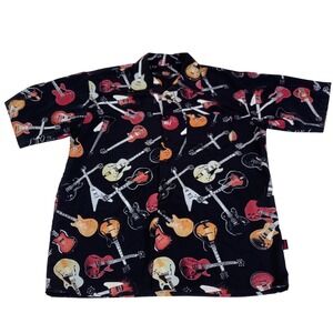 Gibson Tour Wear Dragonfly Men XL Guitar Print Button Up Shirt Black Short